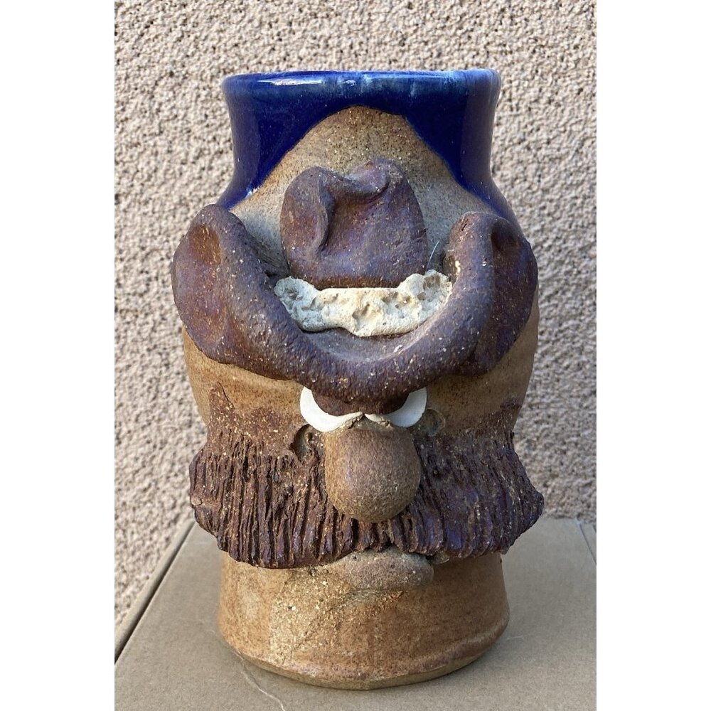 Vintage Cowbay Mustache Hat Blue Glaze Ugly Face Coffee Tea Mug Stein Bin5) READ